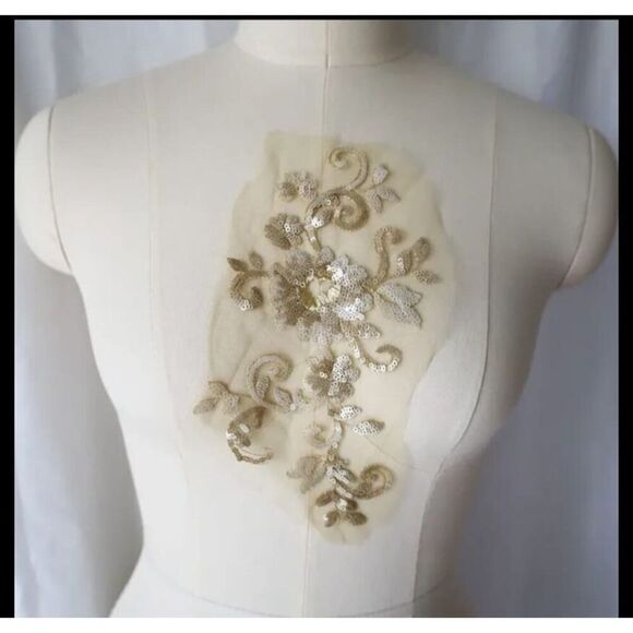 Light Gold Sequin Floral Applique 8in long - Picture 1 of 1